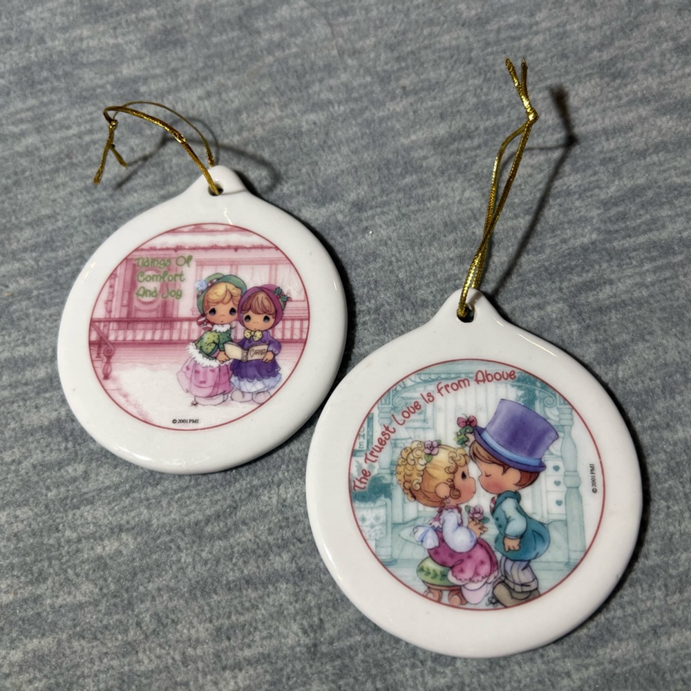 Vintage Precious Moments Christmas Remembered 2 Porcelain Holiday Ornaments 2001